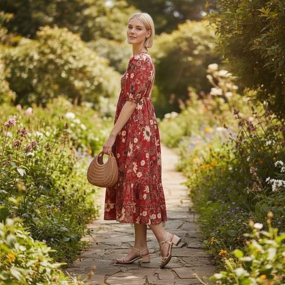 Ulla Johnson Nora Floral Gathered Midi Dress Size 12  Red Puff Sleeve Tiered - Picture 4 of 16